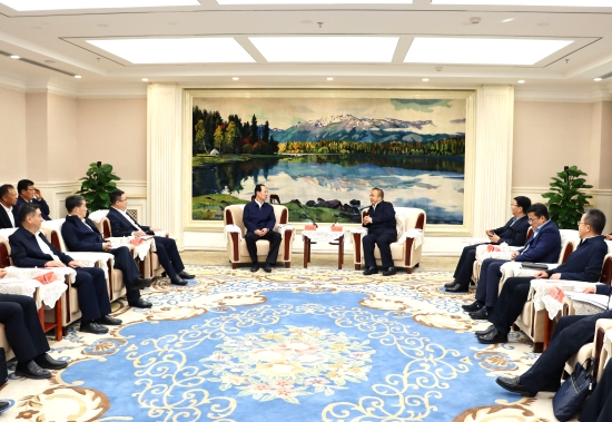 中國(guó)電建黨委書(shū)記、董事長(zhǎng)丁焰章與新疆維吾爾自治區(qū)政府主席艾爾肯·吐尼亞孜會(huì)談